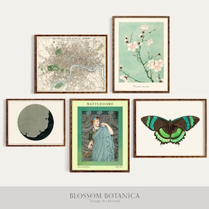 Vintage Kunstgalerie Wand, Eklektische Kunstwand, Megata Morikaga Japaner, Albert Joseph Moore, Grüner Schmetterling, alte Karte London, Watanabe Seitei