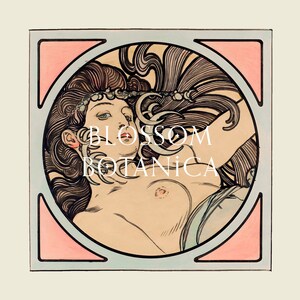 May include: A vintage illustration of a woman with flowing hair, framed in a circular design with pink and blue accents. The text "BLOSSOM BOTANICA" is written in white letters across the image.
