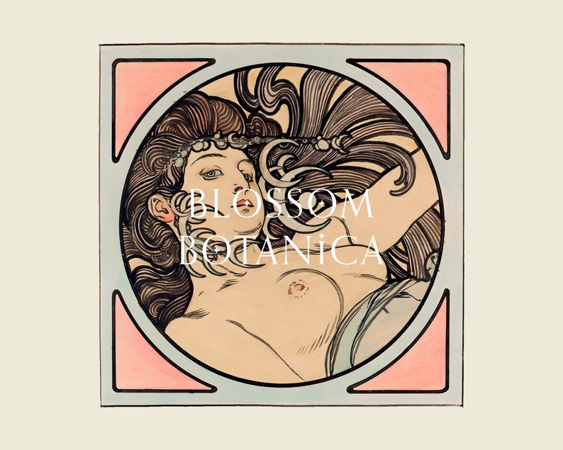 May include: A vintage illustration of a woman with flowing hair, framed in a circular design with pink and blue accents. The text "BLOSSOM BOTANICA" is written in white letters across the image.