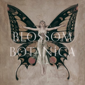 May include: A woman with wings, dressed in a green gown with jewels, is depicted as a butterfly with the words "BLOSSOM BOTANICA" in white text.