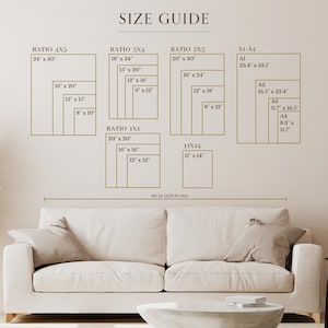 May include: A size guide for art prints with different ratios and sizes, including 4x5, 3x4, 2x3, 1x1, and standard paper sizes like A1, A2, A3, and A4. The guide shows the dimensions in inches. The image also shows a white sofa in the foreground.