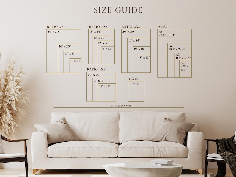 May include: A size guide for art prints with different ratios and sizes, including 4x5, 3x4, 2x3, 1x1, and standard paper sizes like A1, A2, A3, and A4. The guide shows the dimensions in inches. The image also shows a white sofa in the foreground.