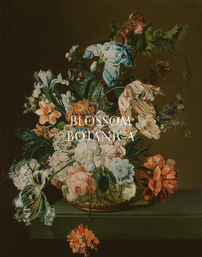 May include: A vintage still life painting depicting a bouquet of flowers arranged in a glass vase with a gold rim. The flowers include tulips, irises, roses, and carnations in shades of pink, white, red, and blue. The painting is titled "BLOSSOM BOTANICA".
