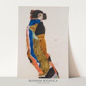 May include: A watercolor painting of a person in a colorful, abstract patterned robe. The person is facing away from the viewer and has dark hair. The painting is on a white background.