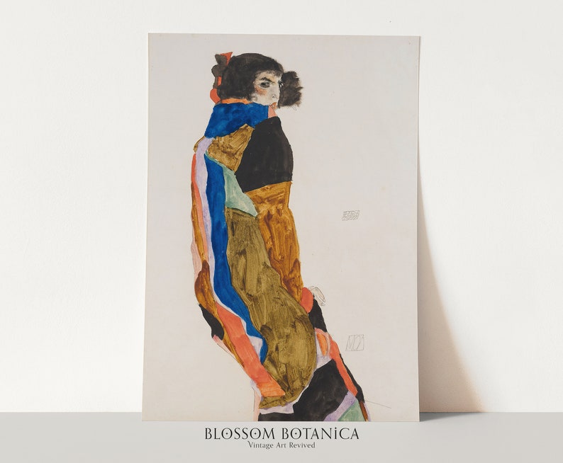 May include: A watercolor painting of a person in a colorful, abstract patterned robe. The person is facing away from the viewer and has dark hair. The painting is on a white background.