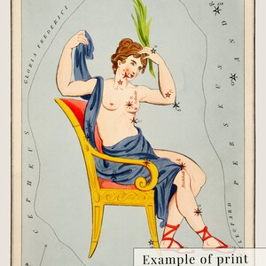 May include: Vintage print depicting the Cassiopeia constellation. It shows a woman in a gold chair, adorned with blue drapery, and star patterns. The print includes text, with the words "Example of print in this set".