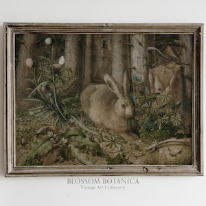Vintage Magisches Kaninchen, Ein Hase im Wald, Hans Hoffmann, Gemälde aus den 1500er Jahren, Fantasy-Malerei, Cottagecore Aesthetic, Dark Academia