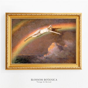 May include: A vintage painting in a gold frame depicts a nude figure floating in the sky above a rainbow. The figure is surrounded by clouds and a sunset sky.