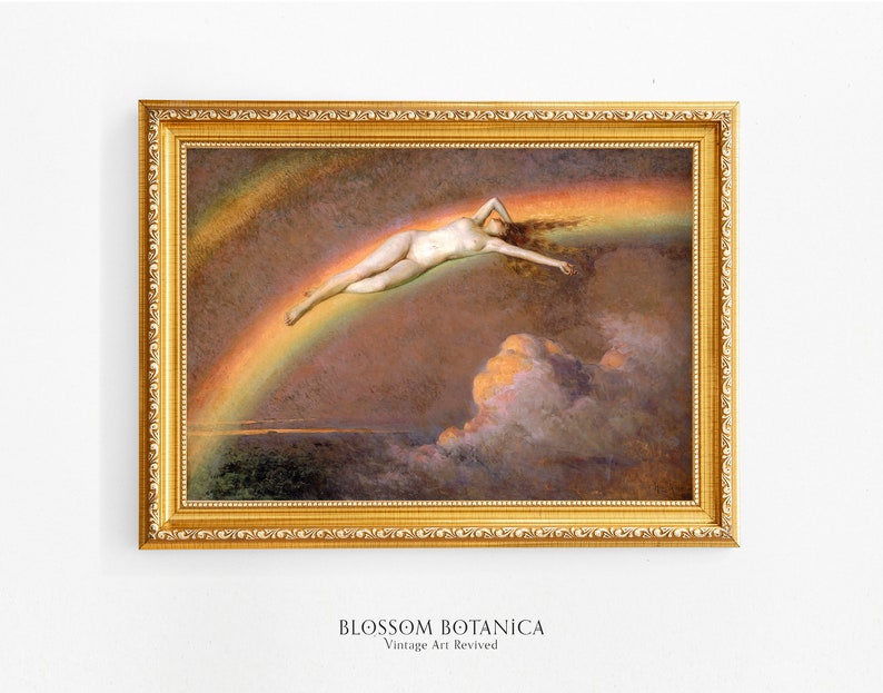 May include: A vintage painting in a gold frame depicts a nude figure floating in the sky above a rainbow. The figure is surrounded by clouds and a sunset sky.