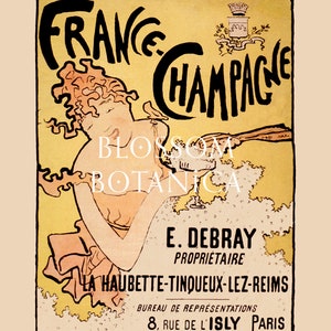 Puede incluir: Cartel publicitario vintage de Champagne franc&eacute;s. El cartel presenta a una mujer sirviendo champ&aacute;n, con texto en negro y dorado. El texto incluye "FRANCE CHAMPAGNE", "E. Debray Propri&eacute;taire" y "La Haubette-Tinqueux-Lez-Reims".