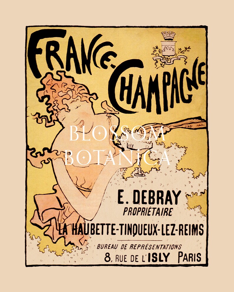 Puede incluir: Cartel publicitario vintage de Champagne franc&eacute;s. El cartel presenta a una mujer sirviendo champ&aacute;n, con texto en negro y dorado. El texto incluye "FRANCE CHAMPAGNE", "E. Debray Propri&eacute;taire" y "La Haubette-Tinqueux-Lez-Reims".