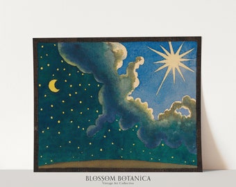 Vintage Landscape, Karl Wiener Art, Vintage Art, Sun Moon and Stars, Celestial Art, Star Painting, Clouds Art, Sun Art, Painting of Sky