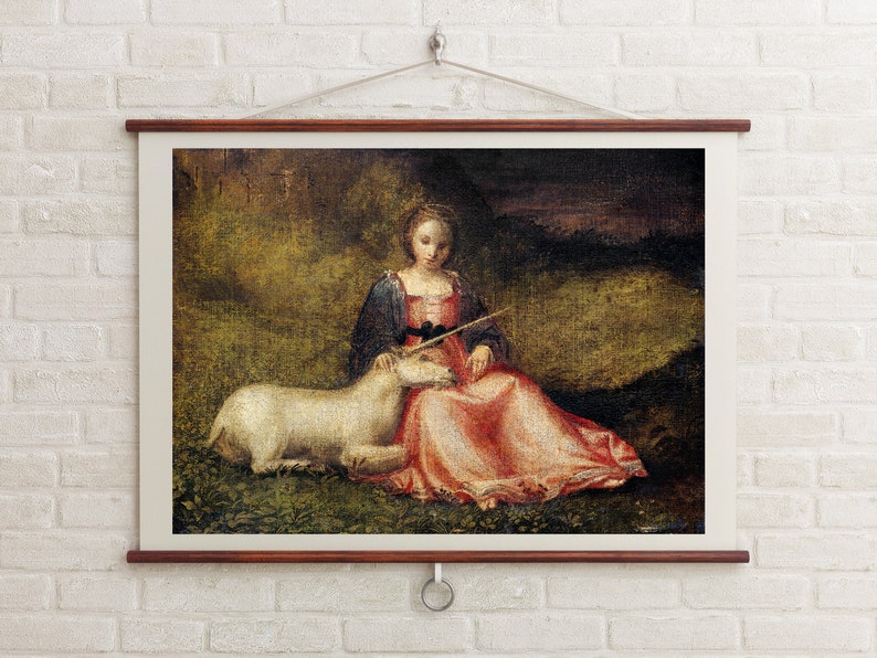 May include: A framed print of a Renaissance painting depicting a woman in a red dress and blue top seated next to a white unicorn. The artwork is displayed on a wooden scroll frame.