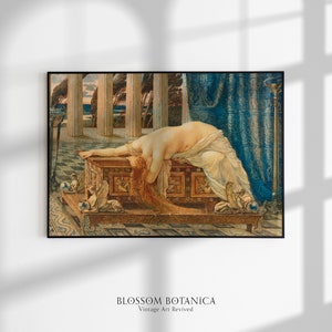 Peut inclure: Une peinture repr&eacute;sentant une femme allong&eacute;e sur un coffre en bois, avec un tissu bleu et or &agrave; motifs derri&egrave;re elle. La femme a de longs cheveux roux et porte une robe blanche. Le coffre est d&eacute;cor&eacute; de sculptures et a une bordure dor&eacute;e. La peinture est situ&eacute;e dans une pi&egrave;ce avec des colonnes et une vue sur la mer en arri&egrave;re-plan.