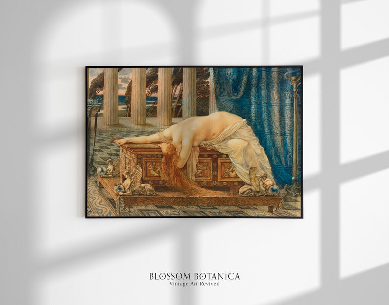Peut inclure: Une peinture repr&eacute;sentant une femme allong&eacute;e sur un coffre en bois, avec un tissu bleu et or &agrave; motifs derri&egrave;re elle. La femme a de longs cheveux roux et porte une robe blanche. Le coffre est d&eacute;cor&eacute; de sculptures et a une bordure dor&eacute;e. La peinture est situ&eacute;e dans une pi&egrave;ce avec des colonnes et une vue sur la mer en arri&egrave;re-plan.