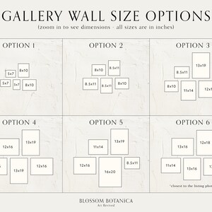 May include: A guide to gallery wall size options, showing six layout examples. Each option displays the arrangement of rectangular frames, with dimensions in inches. The text includes "GALLERY WALL SIZE OPTIONS" and "BLOSSOM BOTANICA Art Revived".