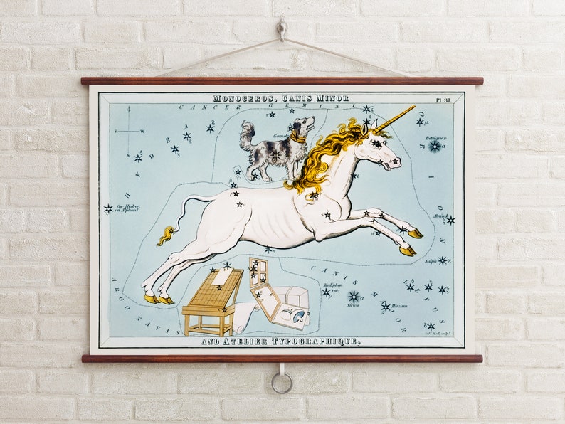 K&ouml;nnte beinhalten: Eine antike Lehrtafel, die die Sternbilder Monoceros, Canis Minor und Atelier Typographique darstellt. Die Tafel zeigt ein wei&szlig;es Einhorn mit goldenem Horn und einen schwarz-wei&szlig;en Hund vor einem hellblauen Hintergrund mit wei&szlig;en Sternen.