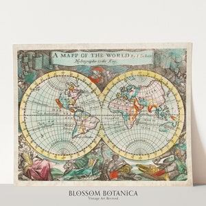 Mapa do mundo vintage de 1682 | Século XVII | Impressão giclée | Mapa de John Playford | Arte Vintage | Mapa do Globo | Mapa Ilustrativo | Mapa Antigo