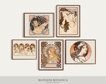 Alphonse Maria Mucha Gallery Wall, Art Nouveau Wall Art, Graphic Prints from 1800s, Art Wall, Victorian Art, Set of Five 5 Giclee Prints