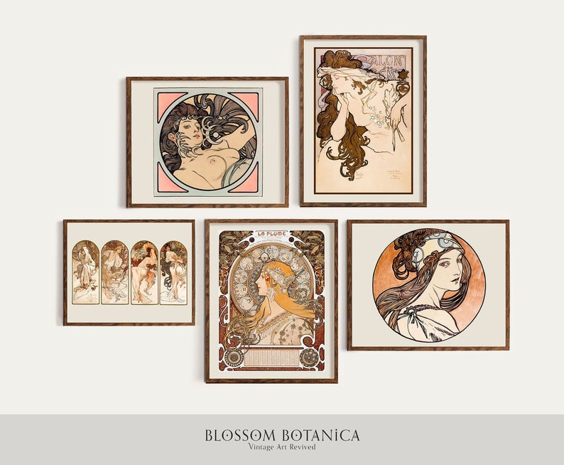 May include: Set of five framed art prints featuring vintage illustrations of women in Art Nouveau style. The prints are in various colors, including brown, pink, and gold. The prints are all framed in brown wood frames.