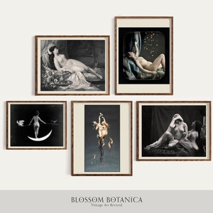 Vintage Witchy Gallery Wall, Fotografía en blanco y negro, Fotos de películas del siglo XIX, Estética Witchy, Luis Falero, Astrología, Luna, Arte de mujeres desnudas