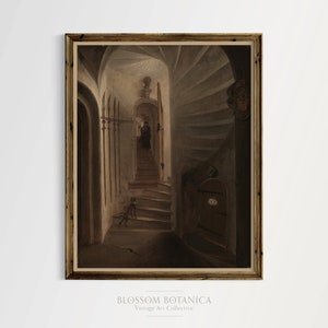 May include: A vintage painting depicting a dark, winding staircase with a small dog at the bottom and a figure ascending the stairs. The painting is framed in a wooden frame.