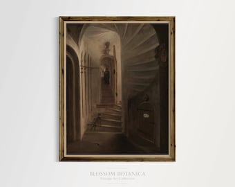 Dark Academia Art Print, Treppenhaus, Egbert van der Poelby, Sepia Kunstdruck, Bücherregale, Light Academia, Dark Art, Schloss, Gothic Art Piece