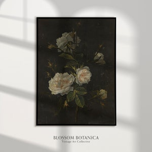 May include: A vintage botanical illustration of white roses on a dark background. The artwork features a cluster of delicate white roses with green leaves and stems. The roses are depicted in a realistic style, with intricate details of the petals and leaves. The background is a deep, rich black, creating a striking contrast with the white flowers.