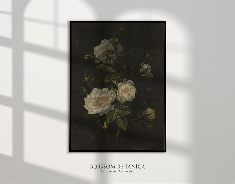 May include: A vintage botanical illustration of white roses on a dark background. The artwork features a cluster of delicate white roses with green leaves and stems. The roses are depicted in a realistic style, with intricate details of the petals and leaves. The background is a deep, rich black, creating a striking contrast with the white flowers.