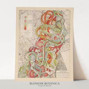 Mapa vintage do rio Mississippi, mapa Harold Fisk, mapa colorido, mapa antigo, arte gráfica, impressão giclée, impressão em tela, mapa antigo, cinto meandro