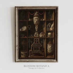 May include: A framed painting depicting a wooden cabinet with multiple shelves filled with various antique objects, including a skull, a goblet, and a crown. The cabinet is painted in a dark brown color with a light brown frame.