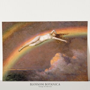 May include: A nude figure lies on a rainbow arch in a painting with a cloudy sky background. The painting is titled "BLOSSOM BOTANICA Vintage Art Revived".