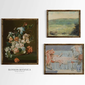 May include: Three framed vintage art prints. The first print features a still life of a bouquet of colourful flowers in a vase. The second print shows a landscape scene with a field and trees. The third print depicts a woman reclining on a sofa.