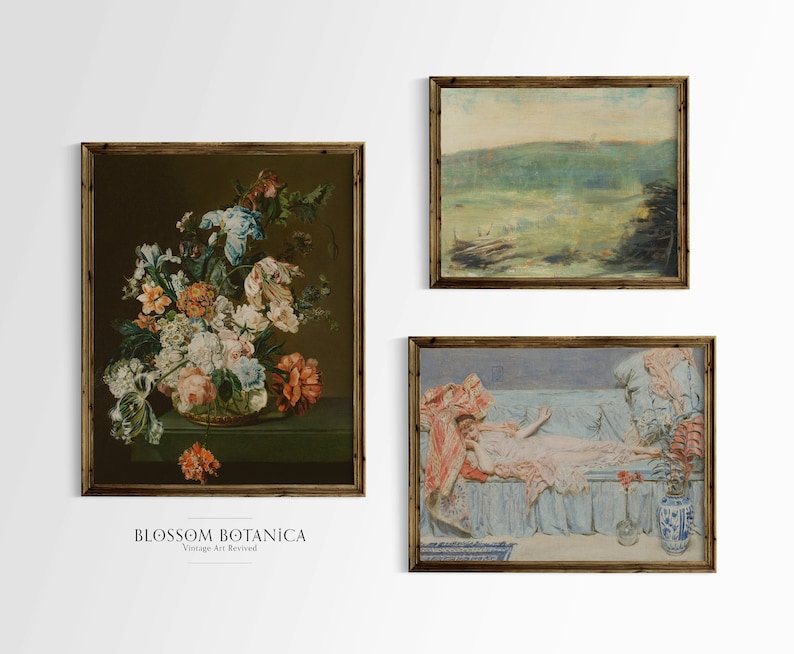 May include: Three framed vintage art prints. The first print features a still life of a bouquet of colourful flowers in a vase. The second print shows a landscape scene with a field and trees. The third print depicts a woman reclining on a sofa.