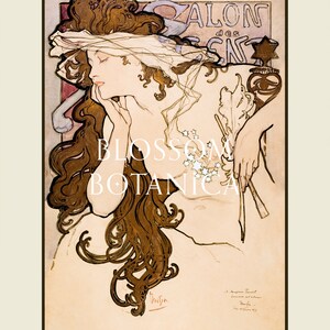 May include: A vintage poster for the Salon des Cents, featuring a woman with long flowing brown hair, wearing a white hat and a white dress. The poster is in a muted color palette of browns, whites, and pinks. The text on the poster reads "Salon des Cents" and "Blossom Botanica".