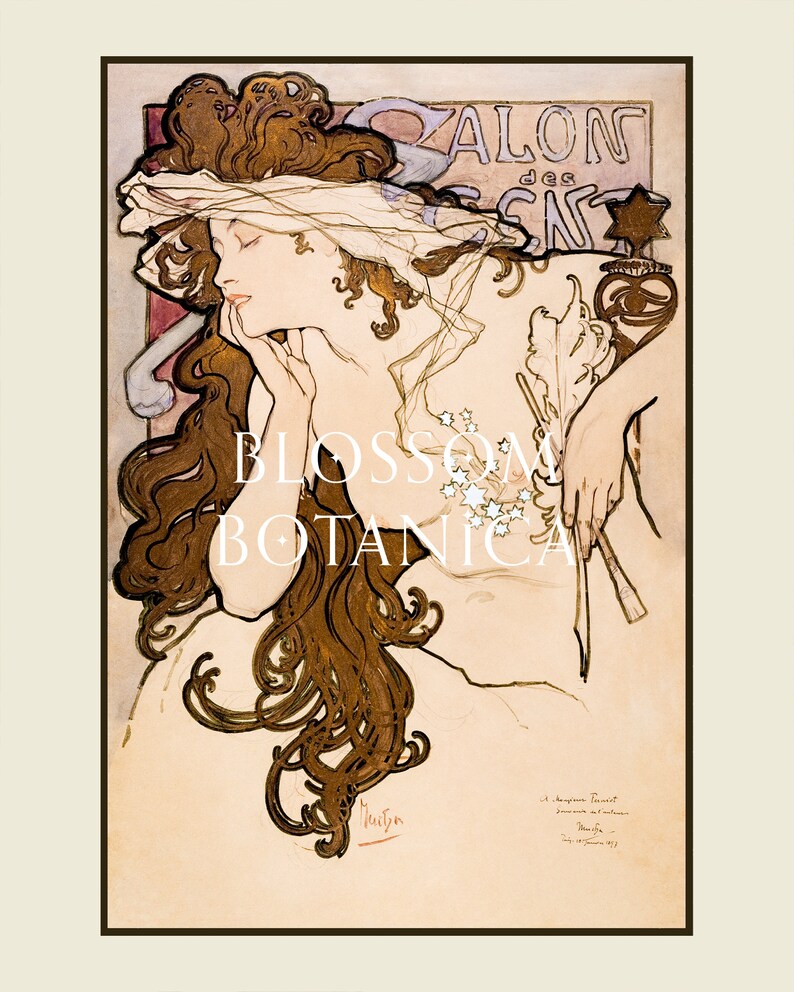 May include: A vintage poster for the Salon des Cents, featuring a woman with long flowing brown hair, wearing a white hat and a white dress. The poster is in a muted color palette of browns, whites, and pinks. The text on the poster reads "Salon des Cents" and "Blossom Botanica".
