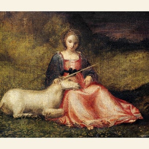 May include: A Renaissance-style painting depicts a woman in a red dress and dark blue top seated on grass, petting a white unicorn. The unicorn rests its head on her lap. The background features a dark, forested area.