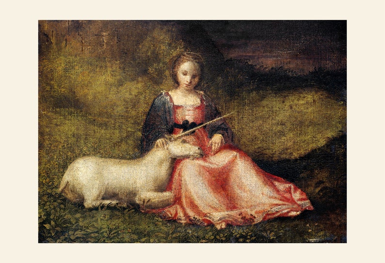 May include: A Renaissance-style painting depicts a woman in a red dress and dark blue top seated on grass, petting a white unicorn. The unicorn rests its head on her lap. The background features a dark, forested area.