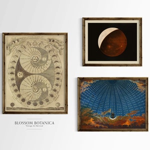 May include: Three framed vintage art prints. The top print shows a red and white moon against a black background. The middle print is a detailed diagram of the moon phases. The bottom print depicts a night sky with a crescent moon and clouds.