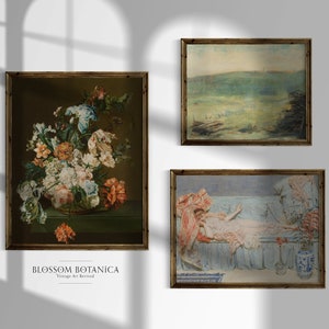 May include: Three framed vintage art prints. The first print features a still life of colourful flowers in a vase. The second print shows a landscape scene with a green hill and a blue sky. The third print depicts a woman reclining on a couch with a blue and white patterned fabric.