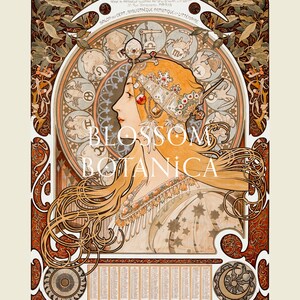 May include: A vintage poster with an Art Nouveau design featuring a woman with flowing blonde hair and a crown of zodiac symbols. The poster is titled "La Plume" and features the text "Salon d'Art, Bibliotheque Artistique et Litteraire".