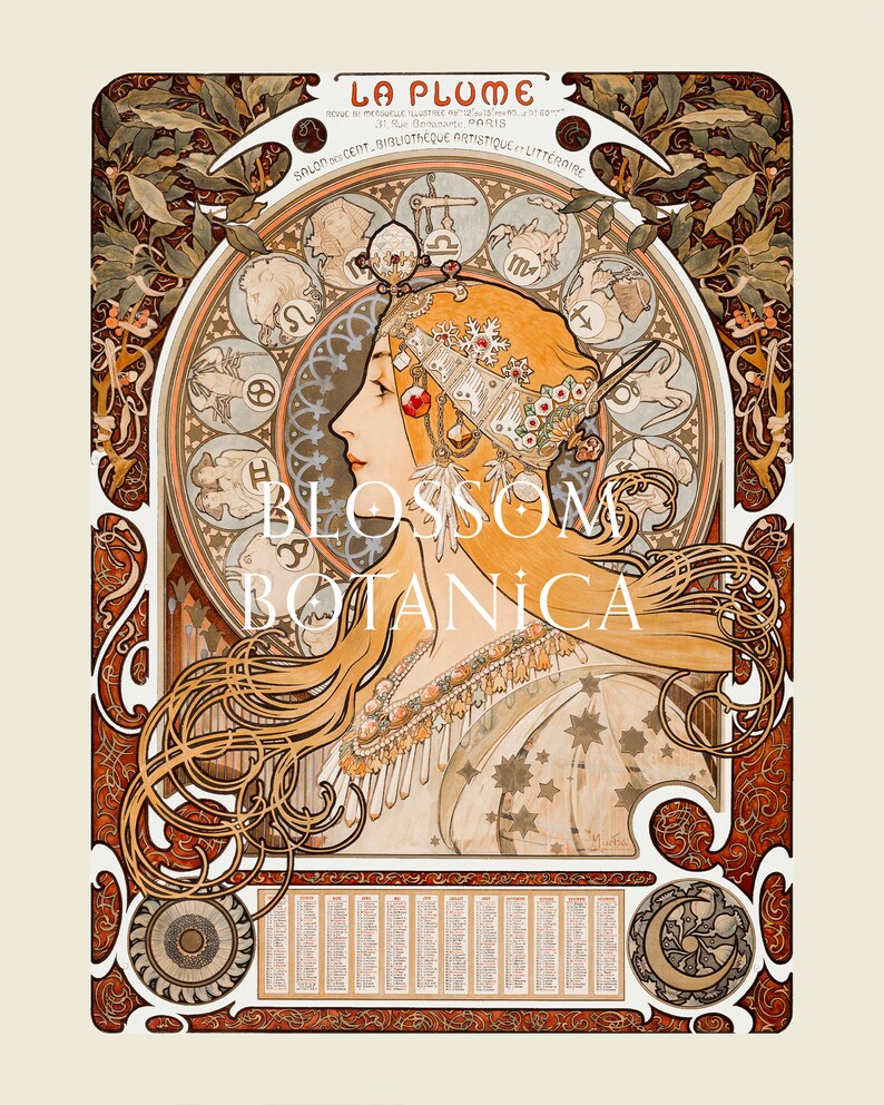 May include: A vintage poster with an Art Nouveau design featuring a woman with flowing blonde hair and a crown of zodiac symbols. The poster is titled "La Plume" and features the text "Salon d'Art, Bibliotheque Artistique et Litteraire".