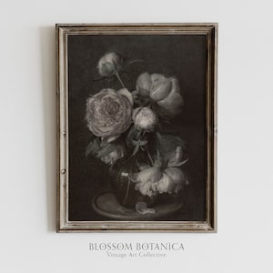 Antique Flower Print, White Peonies, Romantic Art, Dark Academia, Dark French Country, Dark Aesthetic, Moody Gothic Dark Art, Light Academia
