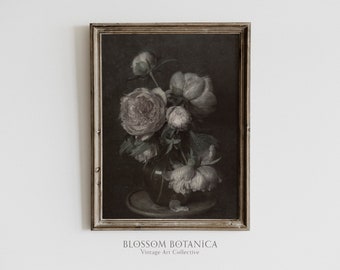 Antique Flower Print, White Peonies, Romantic Art, Dark Academia, Dark French Country, Dark Aesthetic, Moody Gothic Dark Art, Light Academia