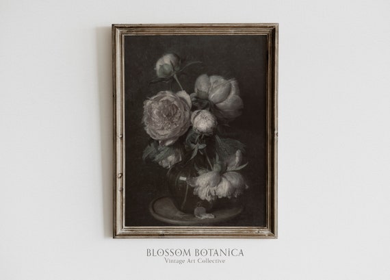 Antique Flower Print, White Peonies, Romantic Art, Dark Academia, Dark French Country, Dark Aesthetic, Moody Gothic Dark Art, Light Academia
