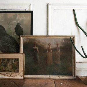 May include: Three framed paintings on a white wall with a green plant in a pot. The paintings are all different sizes and have different subjects. The first painting is of two crows, the second is of three women in a field, and the third is of a rabbit in a forest.