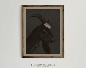 Black Goat Art Print, Halloween Art, Dark Cottagecore, Victorian Art, Painting of Goat, Witchy Art, Moody Art Print, Dark Aesthetic, Creepy