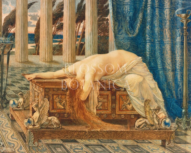 Peut inclure: Une peinture &agrave; l'aquarelle repr&eacute;sentant une femme allong&eacute;e sur un coffre en bois aux sculptures orn&eacute;es. Elle est drap&eacute;e d'un tissu blanc et ses longs cheveux roux cascadent sur son dos. Le coffre est d&eacute;cor&eacute; de cr&eacute;atures ail&eacute;es et repose sur un sol carrel&eacute;. L'arri&egrave;re-plan pr&eacute;sente des colonnes et une vue d'un paysage lointain.