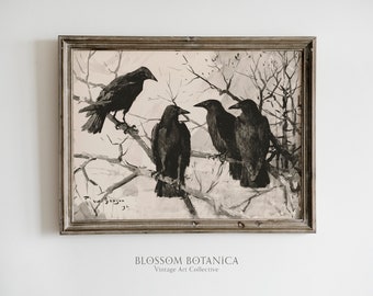 Edgar Allen Poe Ravens, Gothic Raven Art Print, Dark Academia Aesthetic, Dark Cottagecore Moody Art, Vintage Bird Print, Black Bird Painting