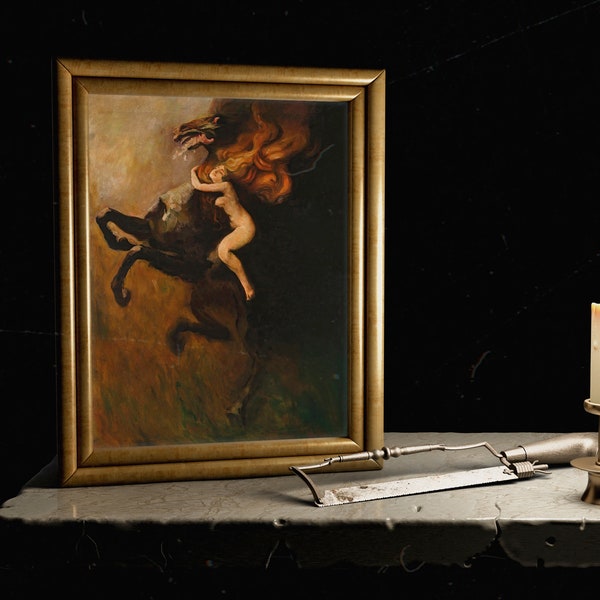 Mujer montando caballo negro, Frenesí de exultaciones, Władysław Podkowiński, Mujer mitológica, Decoración bruja, Arte de Halloween, Mujer desnuda, Pegaso